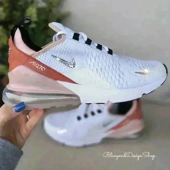 Women's Bling Nike Air Max 270 White Pink Sneakers made with Swarovski Crystals - Picture 1 of 9